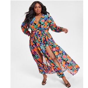 Nina Parker Fruit Print Cutout Split Hem vacation oranges Maxi Dress Size 1X